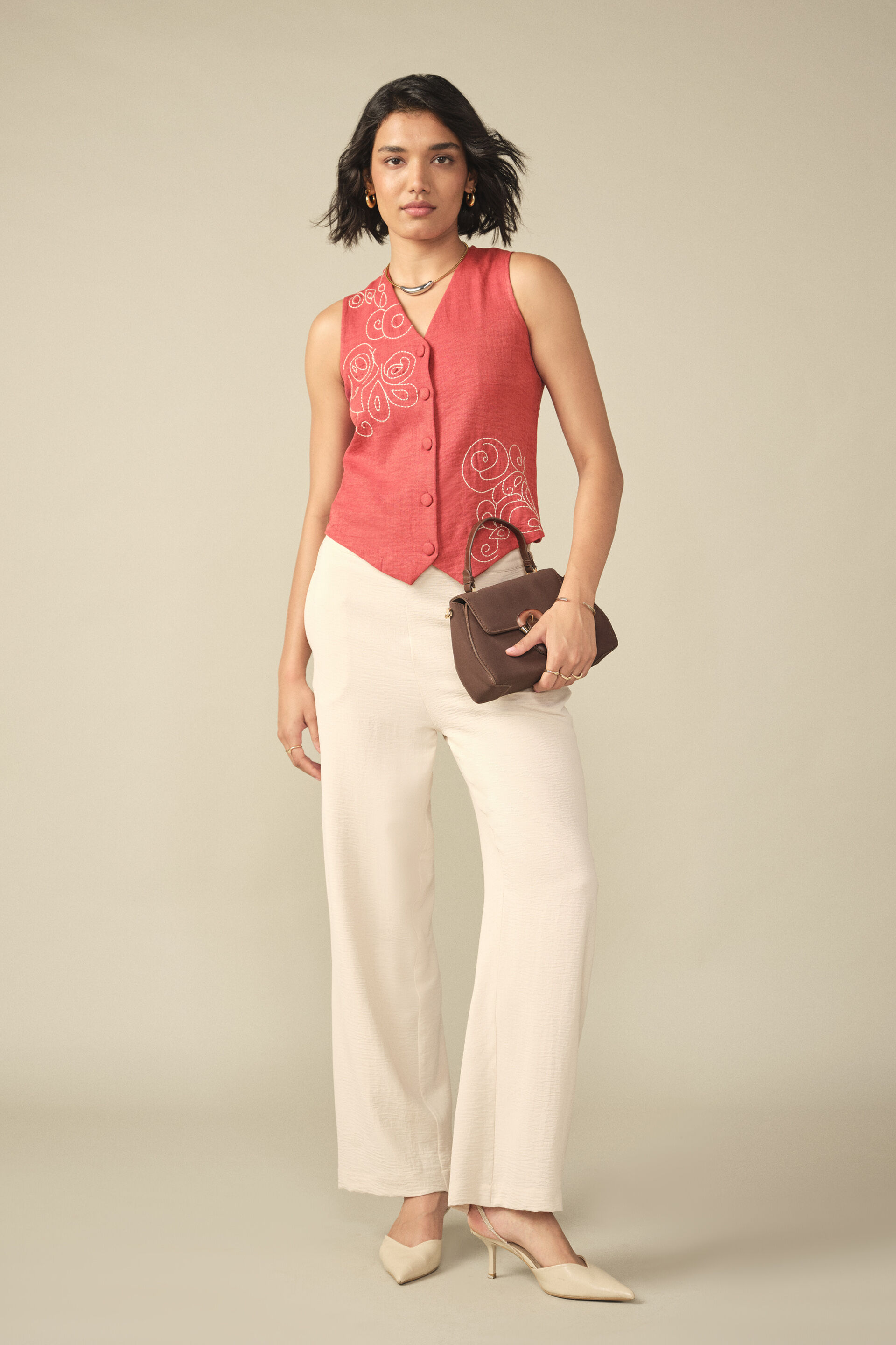 Floral Embroidered Waistcoat in Rust, Rust, image 4